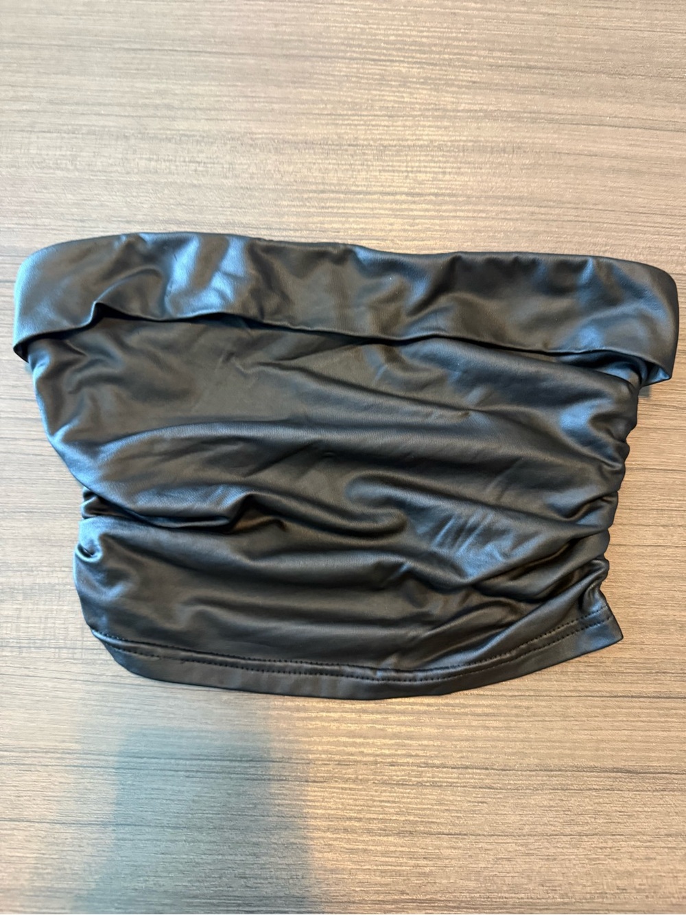 Sleek Black Faux Leather Strapless Ruched Tube Top